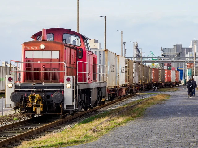La composizione di un treno container nel porto industriale di Brema, con una locomotiva diesel della serie 294, nel febbraio 2024